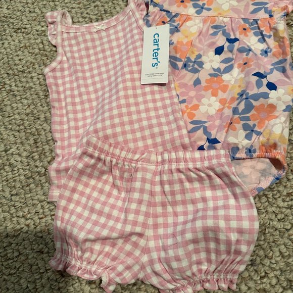 BABY GIRL CARTERS 3 PIECE GINGHAM BODYSUIT & SHORT SET SIZE 3M  #K34 - Picture 2 of 2